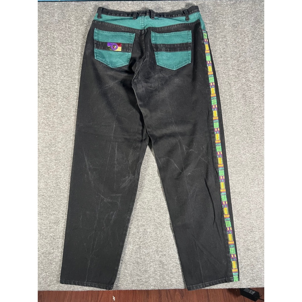Vintage 90s Novin Colours Multicolored Denim Jeans Black Teal Patterned Size 36